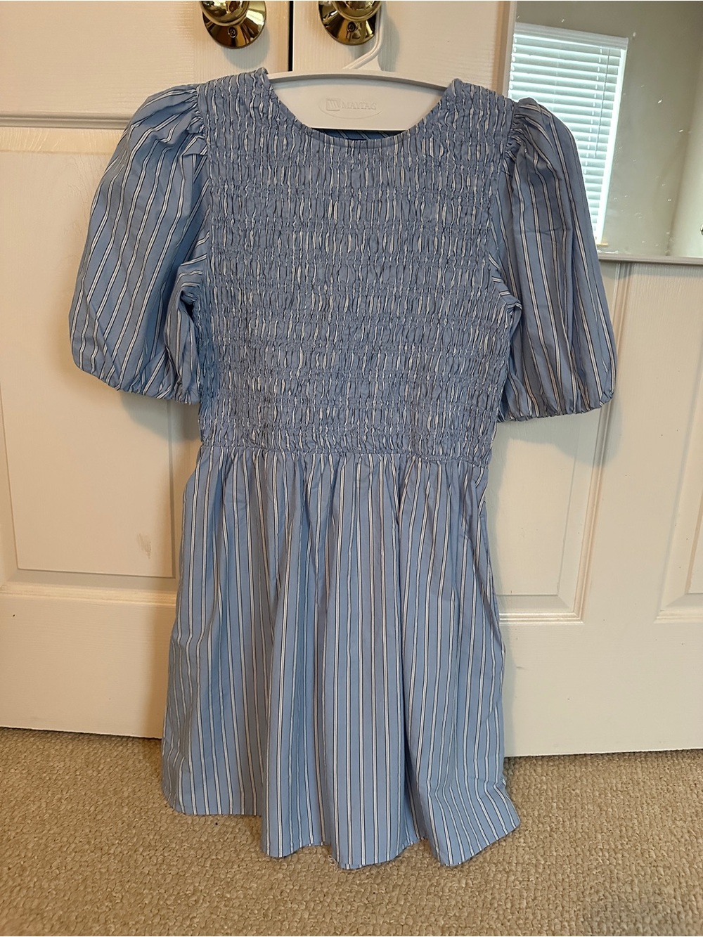 Women’s Old Navy Blue and White Striped Smocked Puff-Sleeve Mini Dress